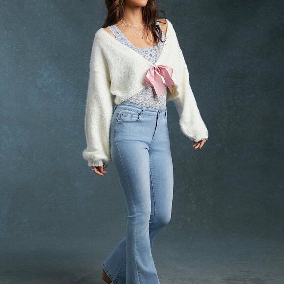 Beige Casual Women's Bow Front Deep V Neck Long Sleeve Cardigan - Picture 4 of 5